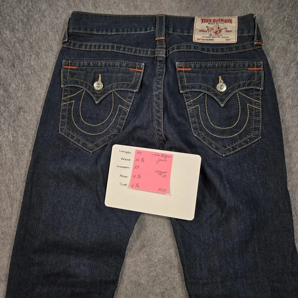 True Religion Skinny Flap Jeans Mens 33x33 (tag 31) Blue Rinse Slim Denim Logo